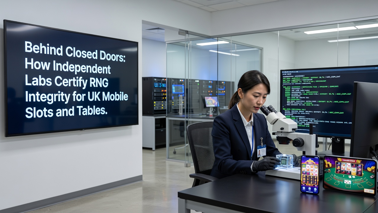 Independent lab technicians reviewing RNG test outputs on multiple monitors in a secure facility