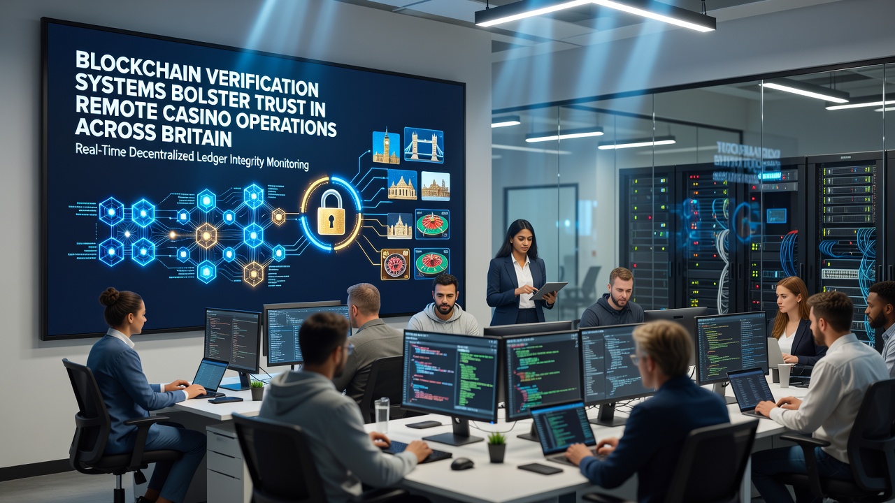 Remote casino operators reviewing blockchain audit trails on secure dashboards in Britain
