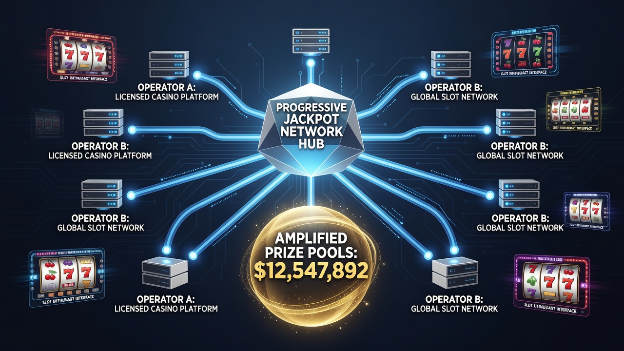 Network diagram showing multiple casino operators connected through a progressive jackpot system with growing prize pools