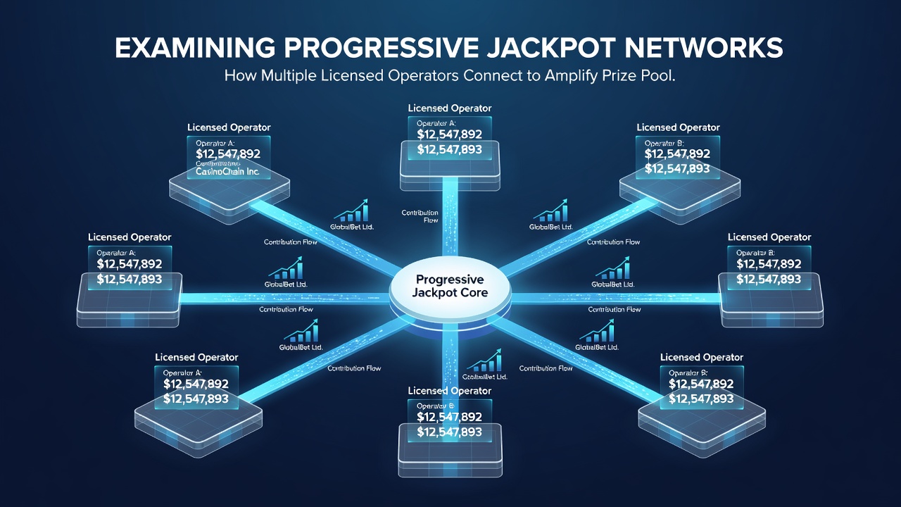 Slot machine interface displaying a large progressive jackpot amount linked across multiple casino platforms