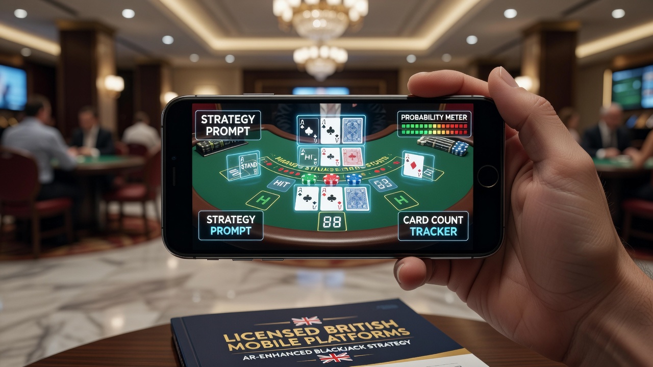 Augmented reality overlay displaying card counting indicators and strategy suggestions during a mobile blackjack training session on a licensed British platform