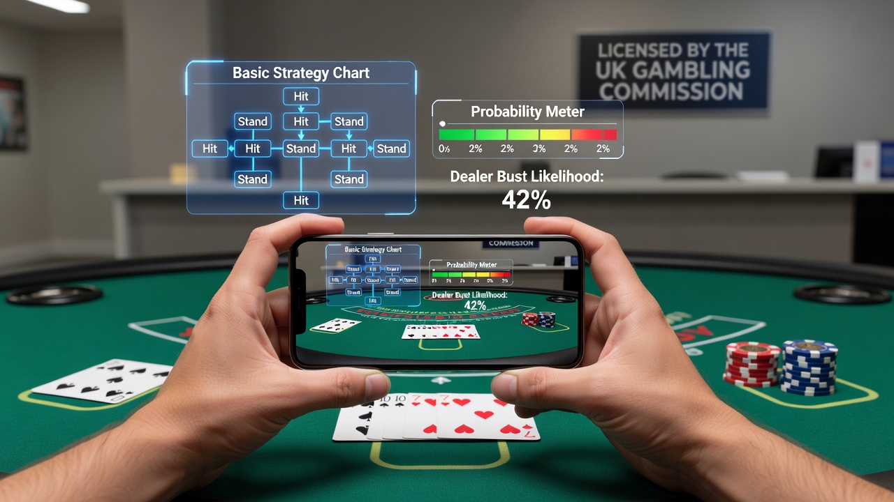 Close-up view of a mobile device showing layered AR graphics for blackjack probability tracking and real-time strategy adjustments