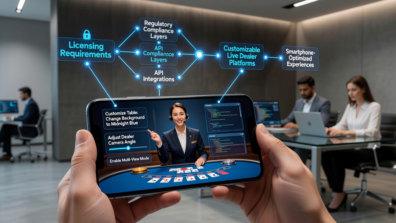 Smartphone displaying customizable live casino interface with adjustable camera angles and betting options