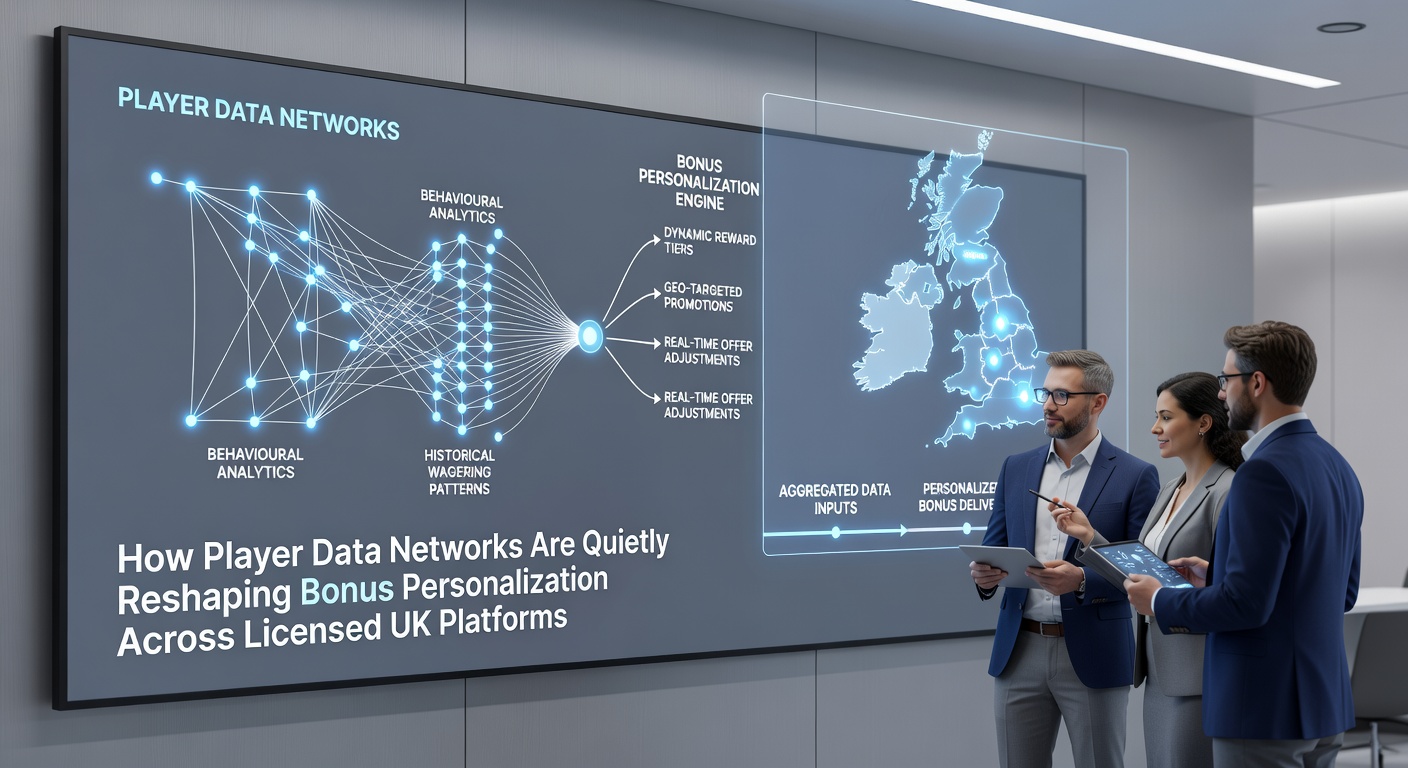 Visualization of interconnected player data networks feeding into personalized bonus systems on licensed UK casino platforms