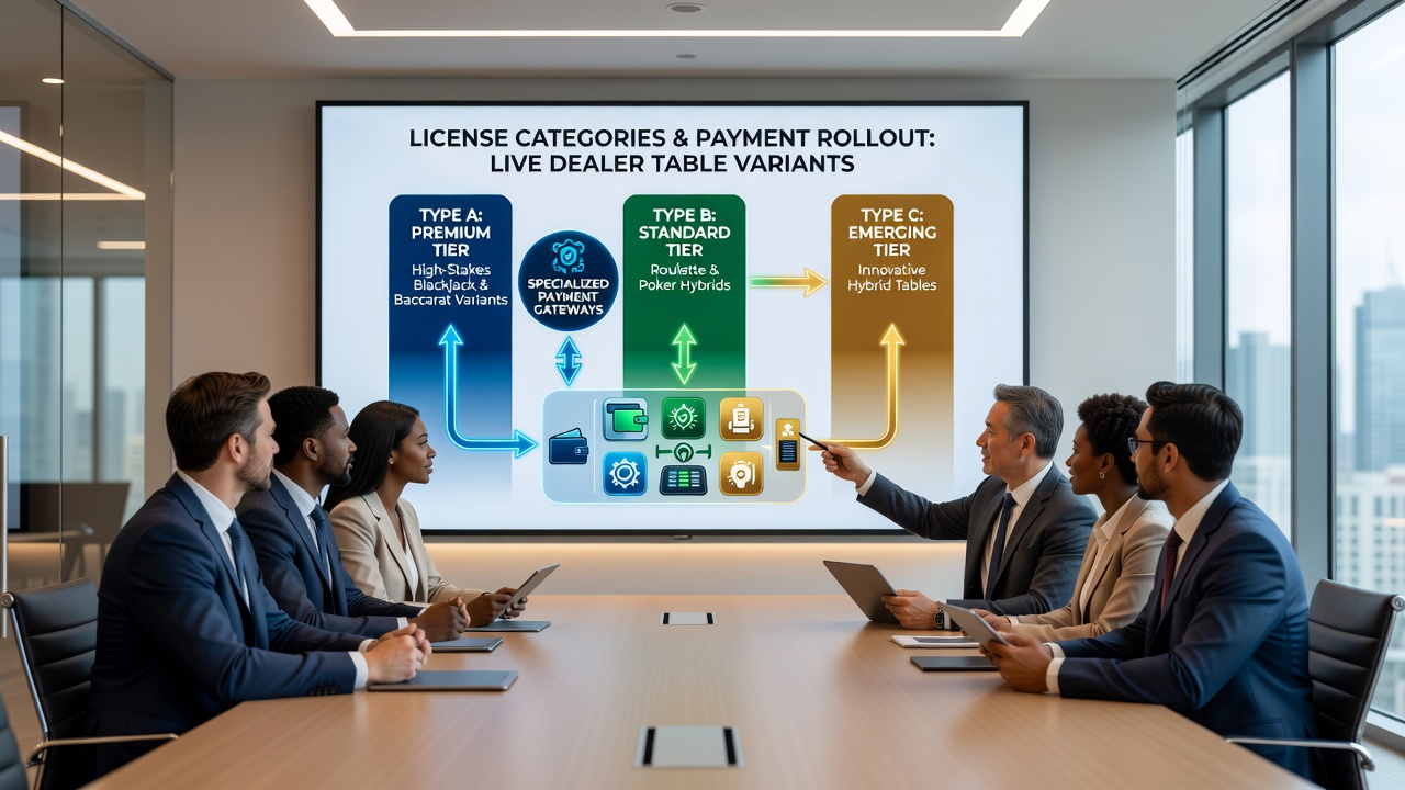 Regulatory compliance documents and mobile payment integration diagrams spread across a desk with laptop showing casino app analytics