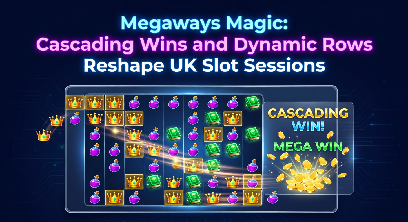 Vibrant row of slot machines lighting up a bustling UK arcade floor, symbols spinning in a cascade of potential wins