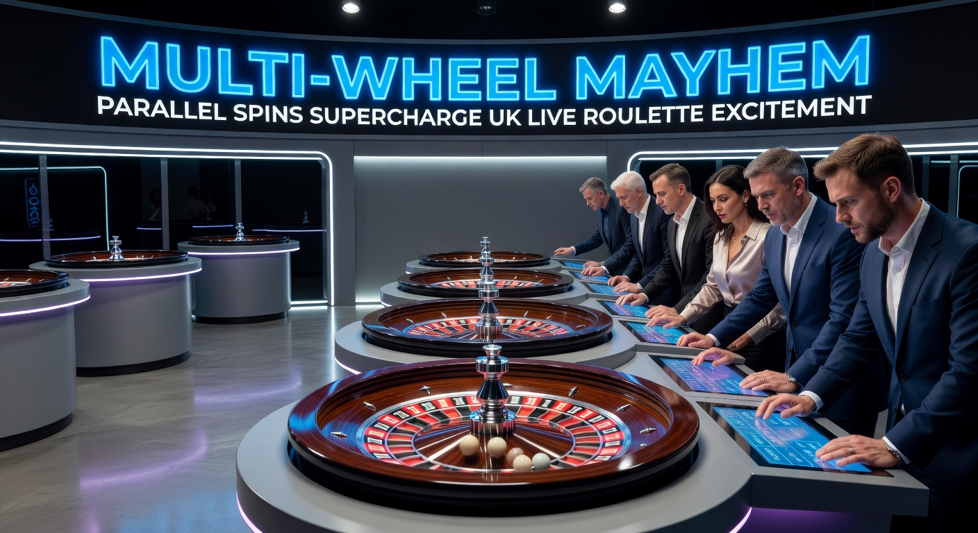 Close-up of live dealer spinning multiple roulette wheels simultaneously, with digital overlays showing bets and rapid outcomes in a bustling studio environment