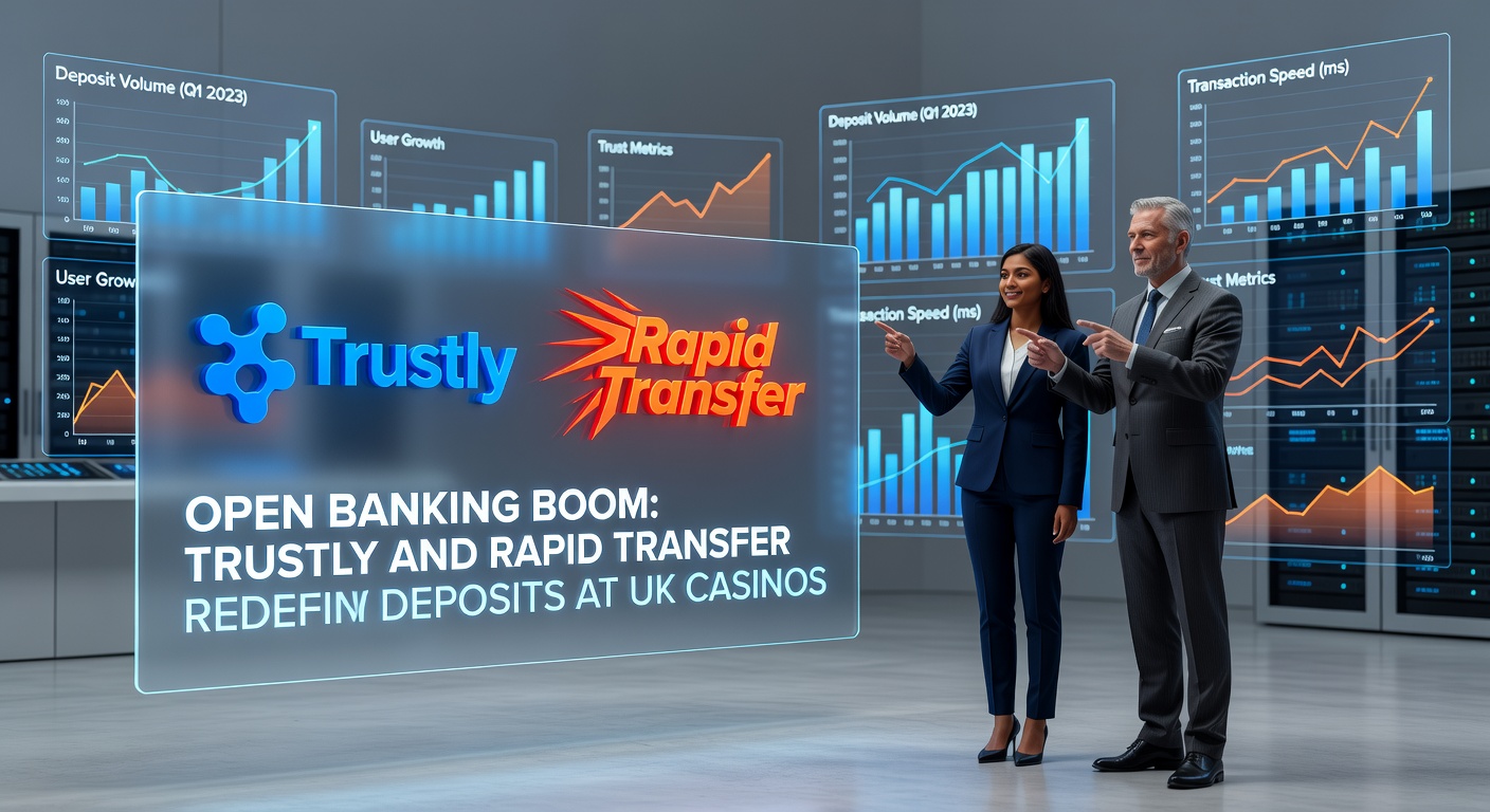 Digital graphic showing seamless open banking transfers via Trustly and Rapid Transfer to UK online casino interfaces, highlighting speed and security icons