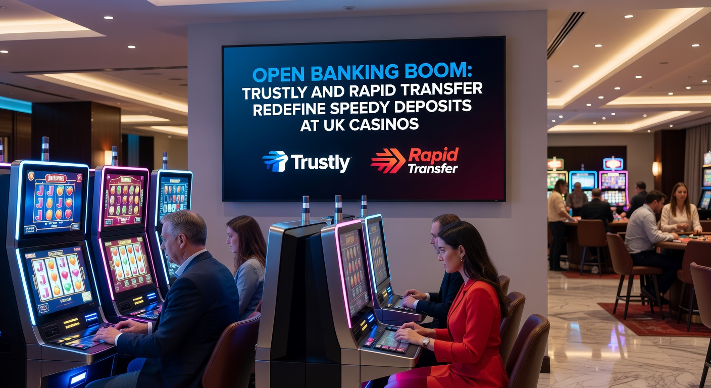 Screenshot-style image depicting Rapid Transfer deposit flow on a UK casino app, with bank selection, confirmation screen, and instant balance update