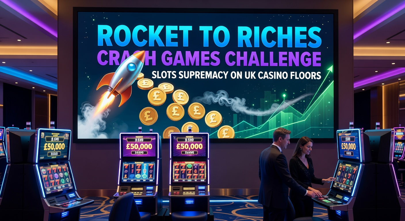 Vibrant UK casino floor packed with glowing crash game terminals and excited players crowding around multi-player rocket-style screens
