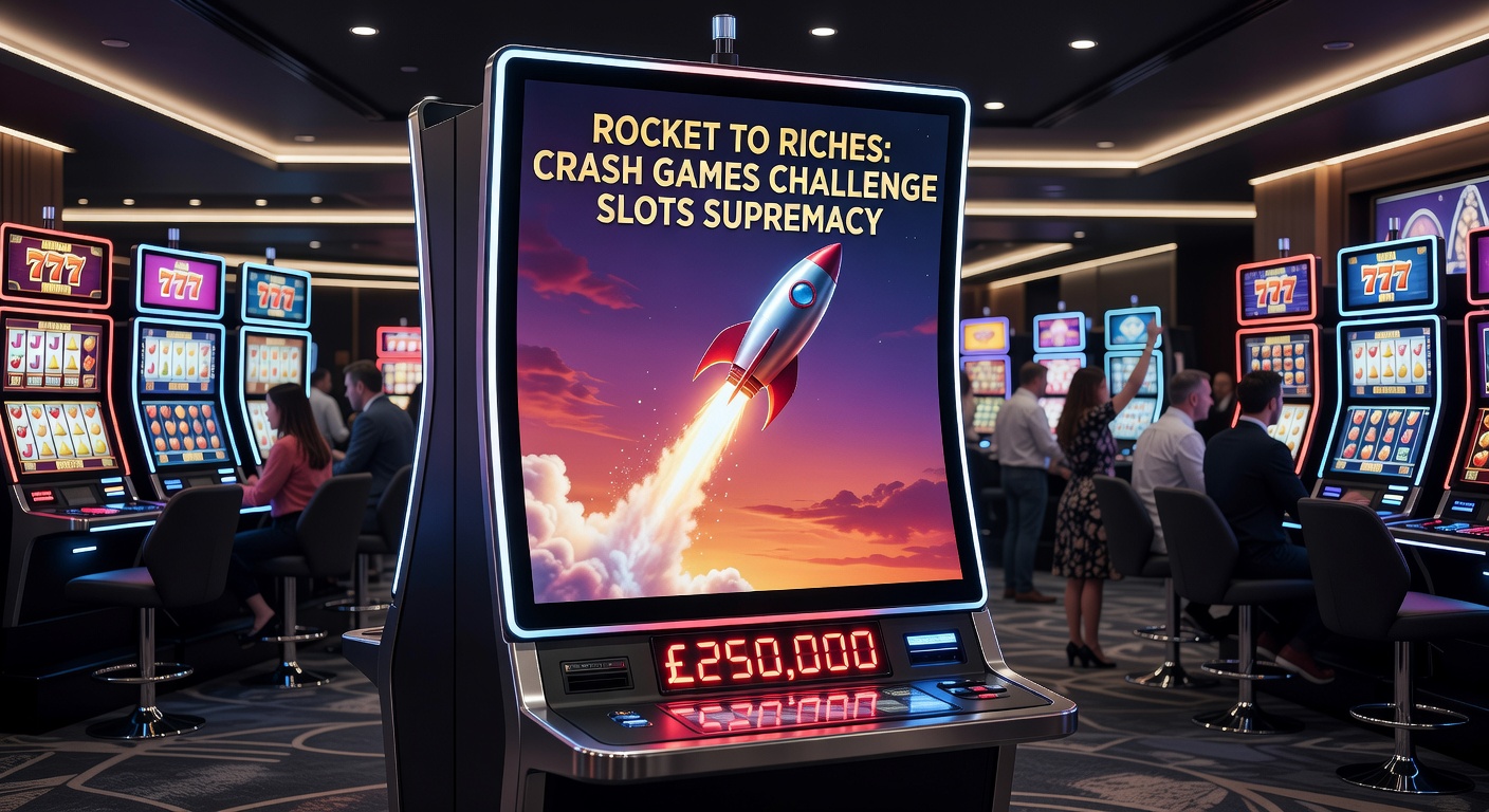 Close-up of a crash game rocket multiplier climbing on a casino terminal screen, surrounded by players cashing out amid flashing lights and rising tension