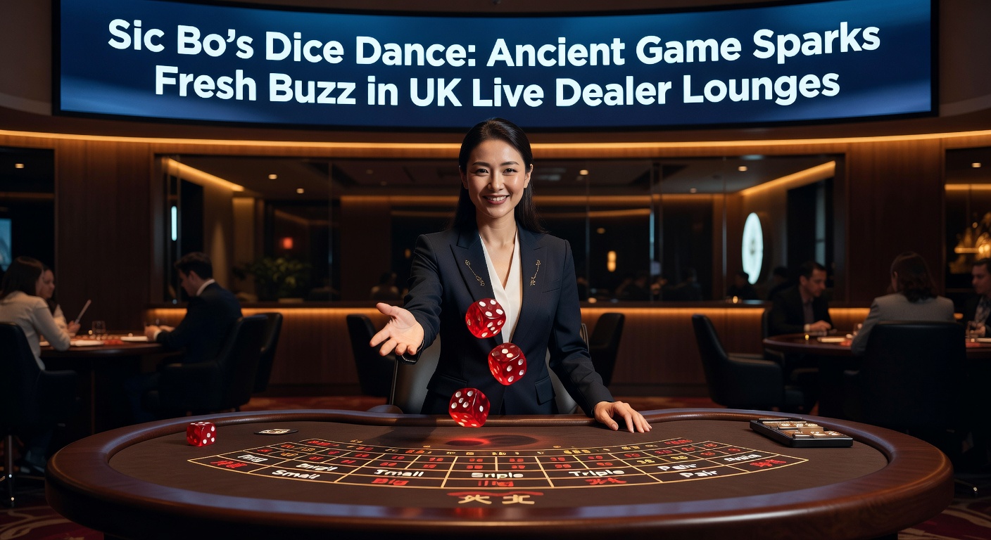 Vibrant live dealer Sic Bo table with three dice tumbling under bright casino lights, dealers and players engaged in real-time action