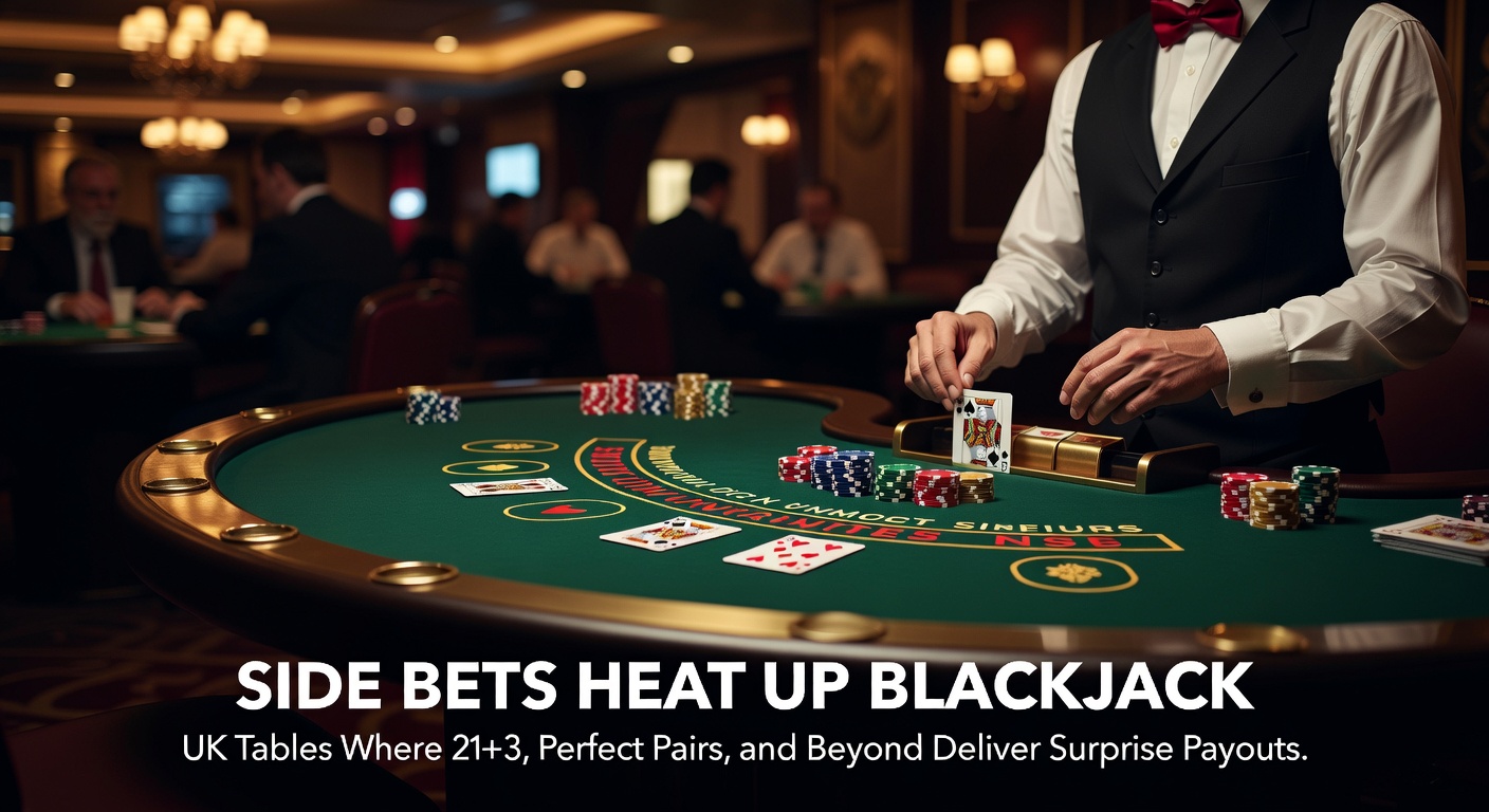 Vibrant UK casino blackjack table featuring side bet options like 21+3 and Perfect Pairs amid lively player action