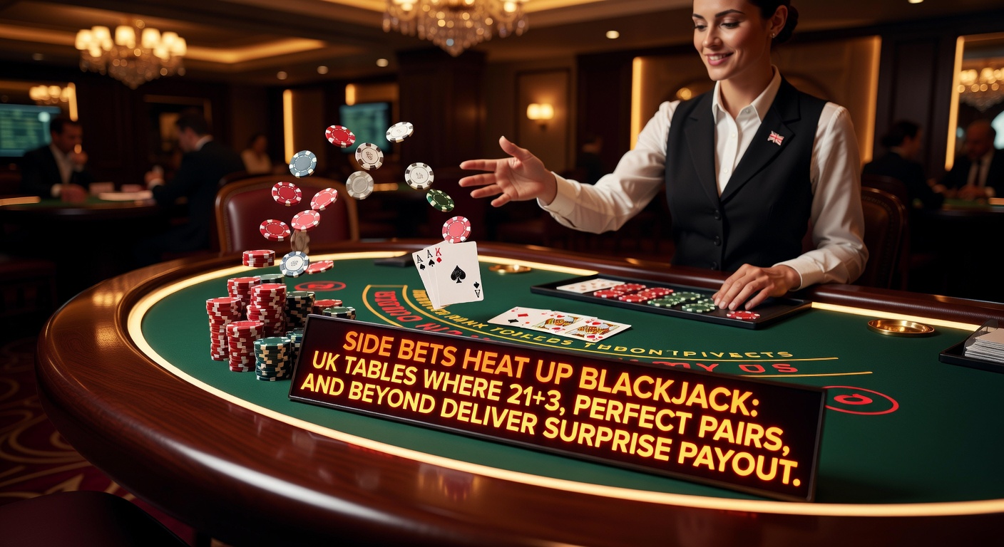 Close-up of a blackjack hand showing a Perfect Pairs win alongside 21+3 payout lights on a digital UK casino table