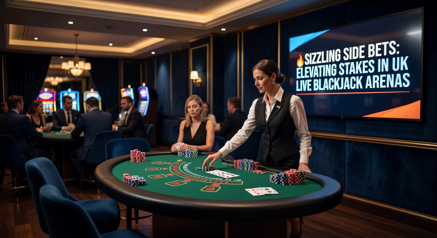 Dynamic live blackjack table with glowing side bet options highlighted, dealers shuffling cards under bright casino lights
