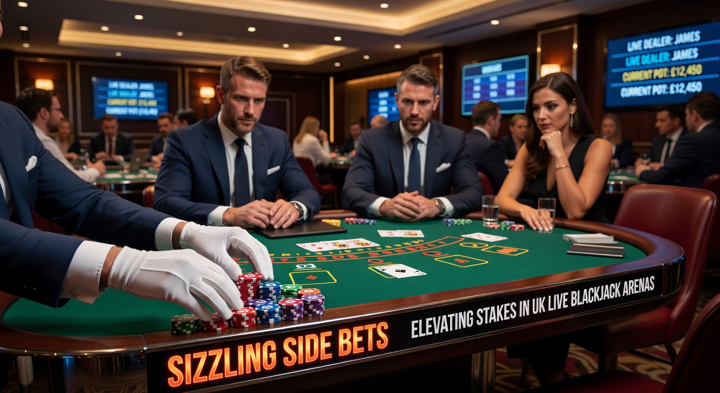 Close-up of a live dealer revealing cards next to illuminated side bet payout tables, chips stacked high amid player screens