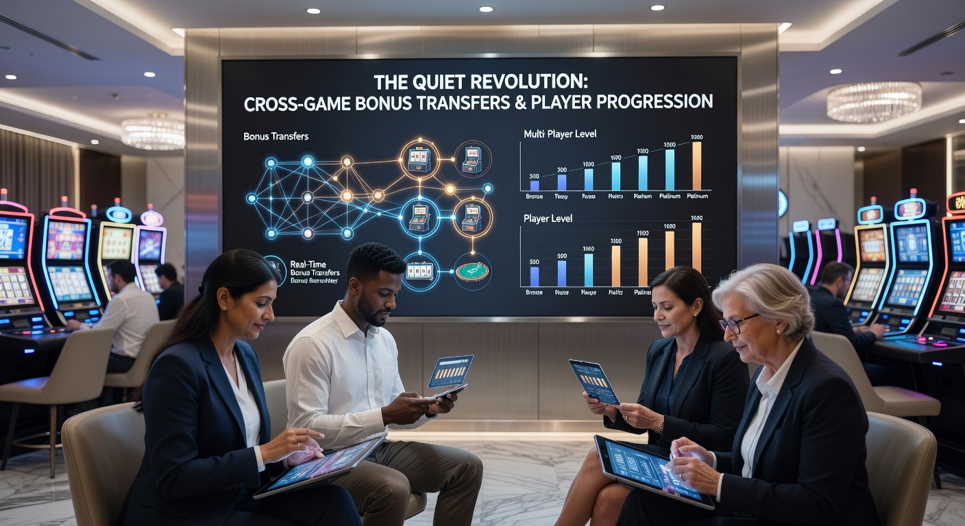 Illustration showing interconnected casino game interfaces with bonus transfer arrows and player progression ladders