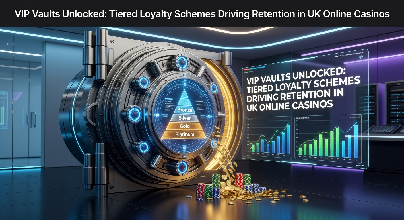 Illustration of a glowing VIP vault door opening to reveal tiers of rewards in a digital casino environment