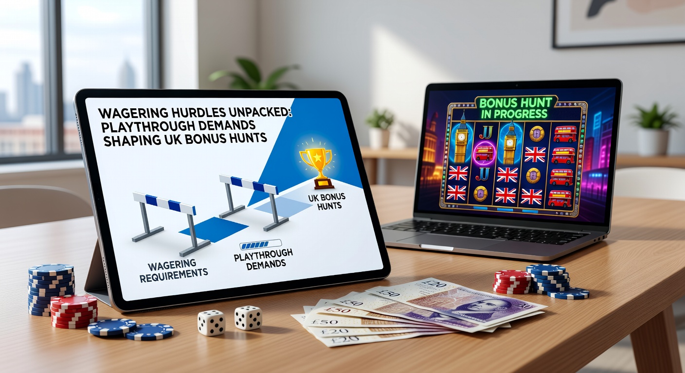 Casino player analyzing wagering requirements on a laptop screen amid bonus offer graphics